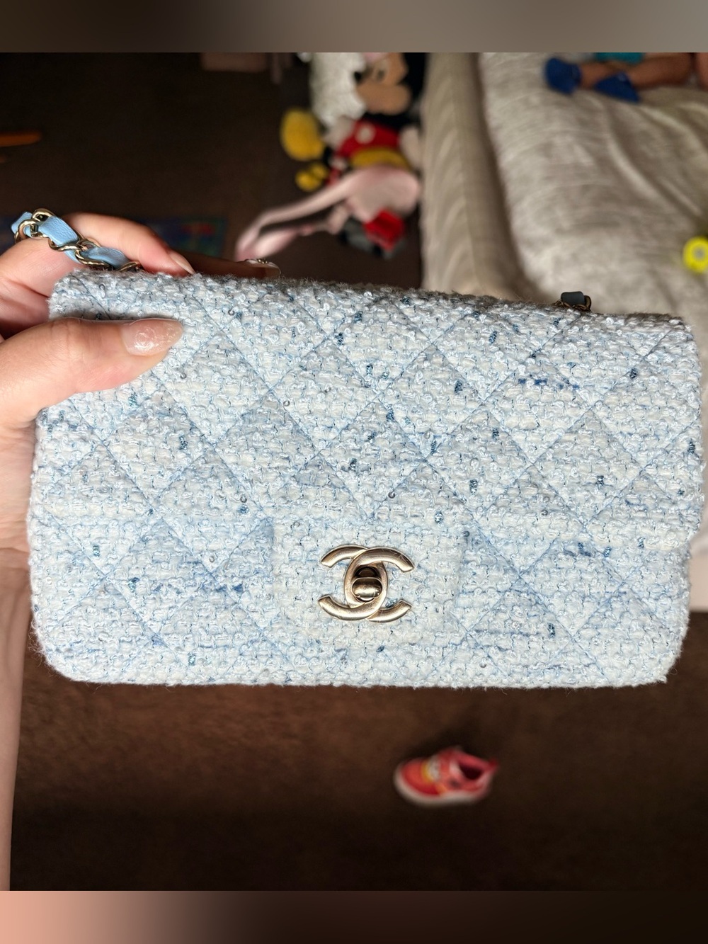 CHANEL Pastel Blue Quilted Tweed Shoulder Bag